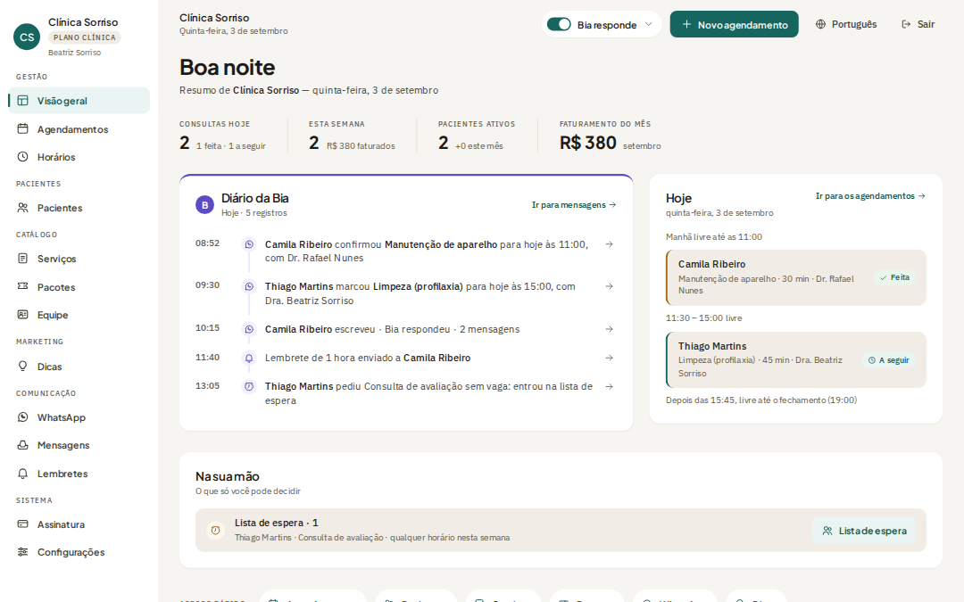O painel da Atendaria: o diário da Bia com o que ela resolveu no dia